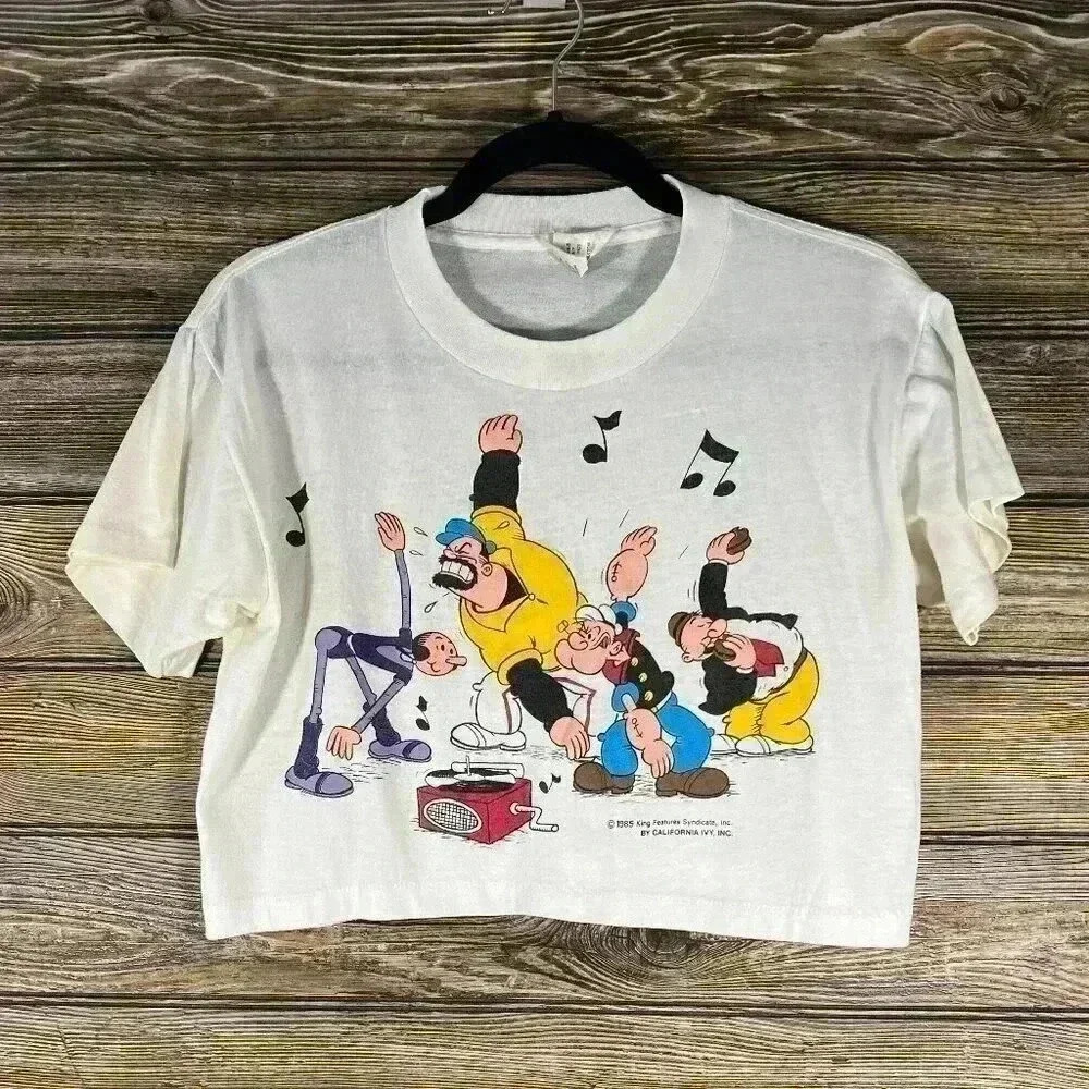 1985 Popeye Olive Oyl Brutus Wimpy Cotton Crop Top Short Sleeve Tshirt Vintage L